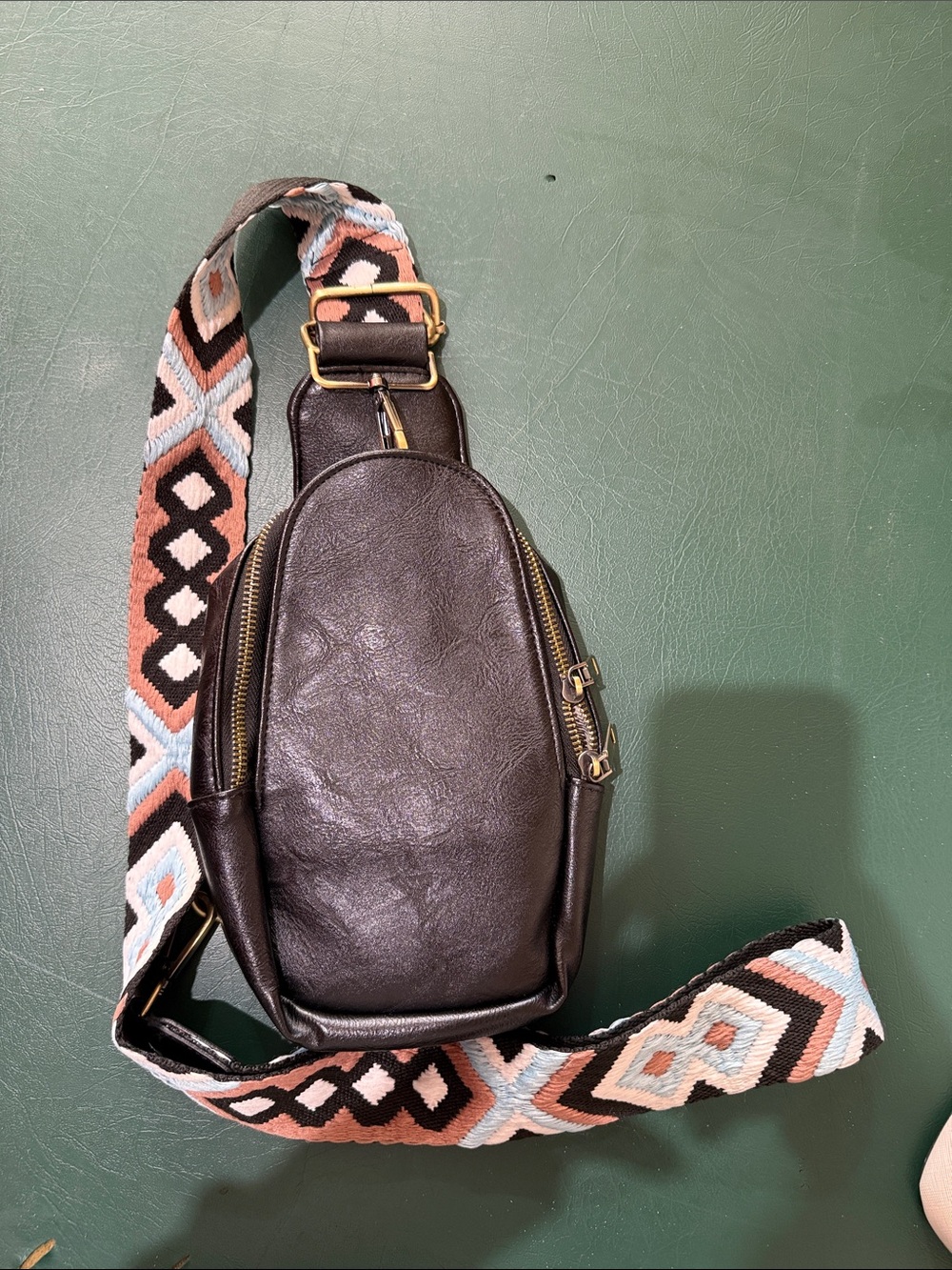 Men's Black Leather Sling Crossbody Bag with Patterned Strap